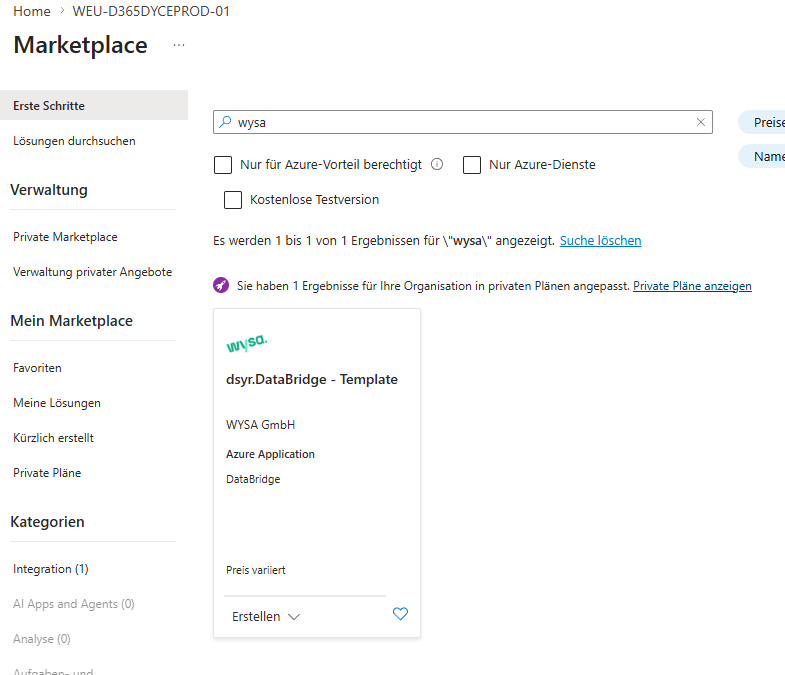 DataBridge im Marketplace auswählen